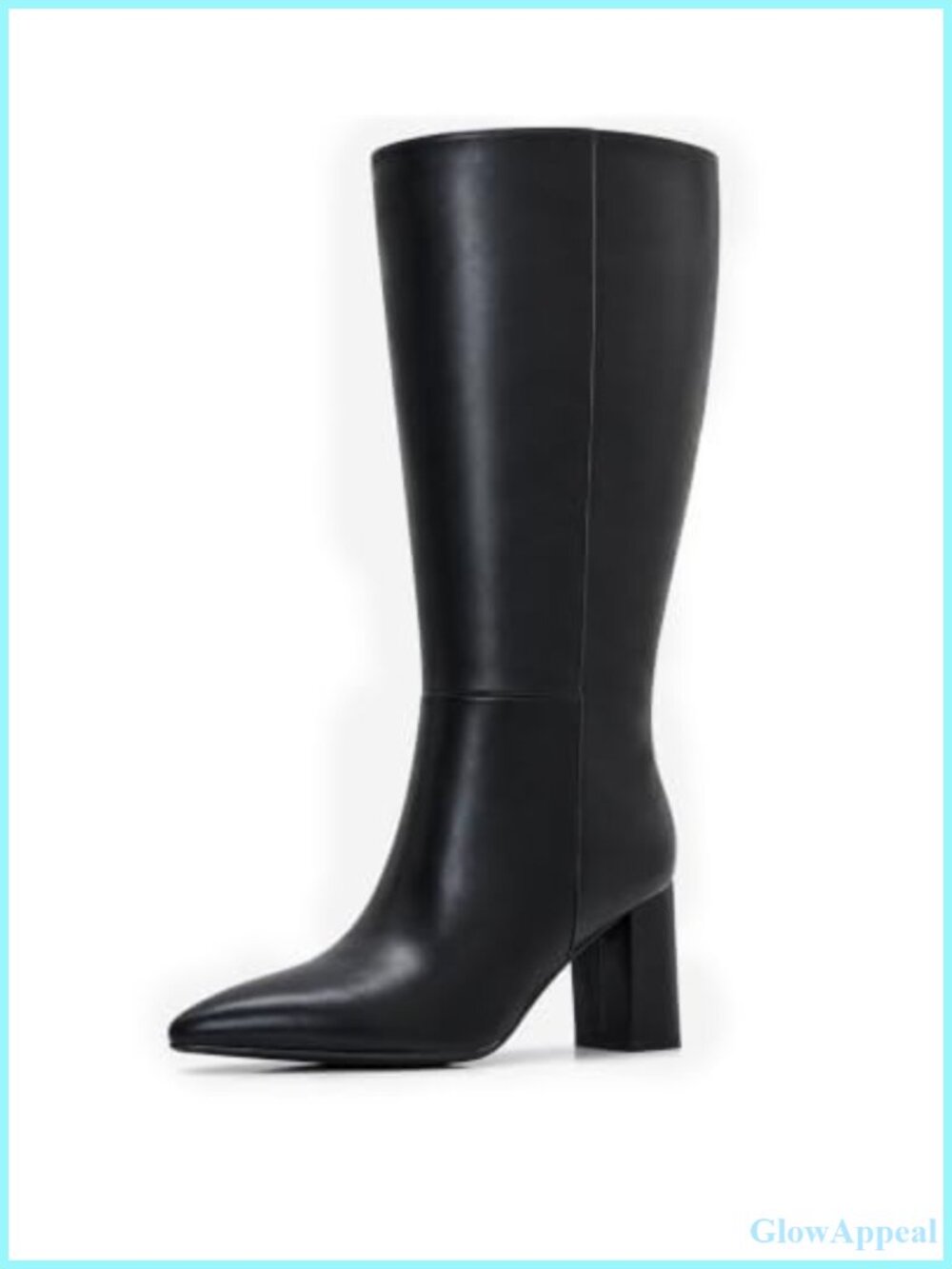 Wide Calf Knee High Boots Pointed Toe Chunky Heel Side Zipper Faux Leather